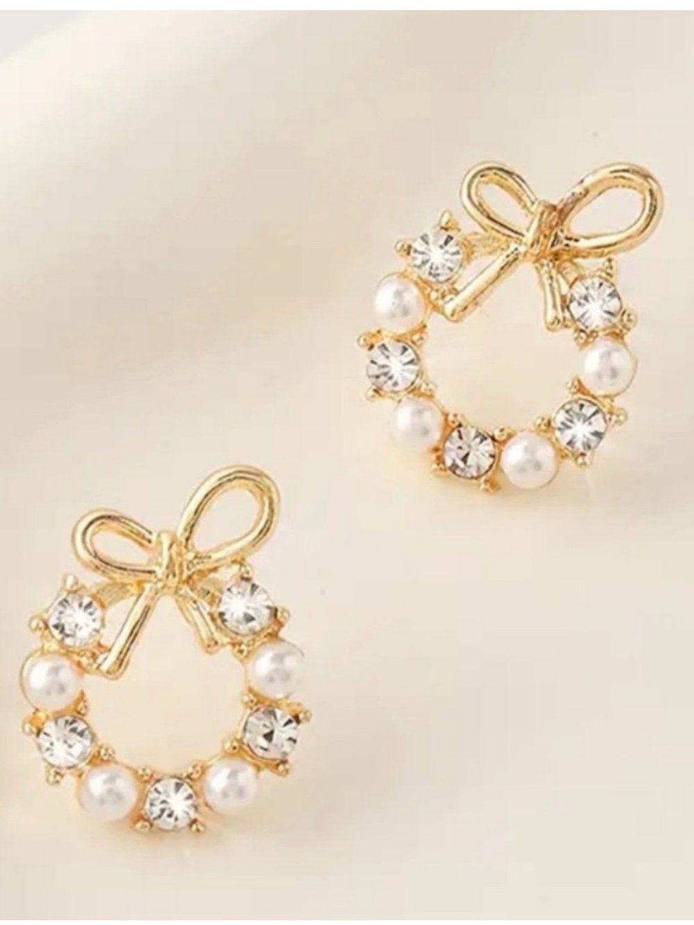 Gold Bow Wreath Pearl & Crystal Stud Earrings - Women Jewelry